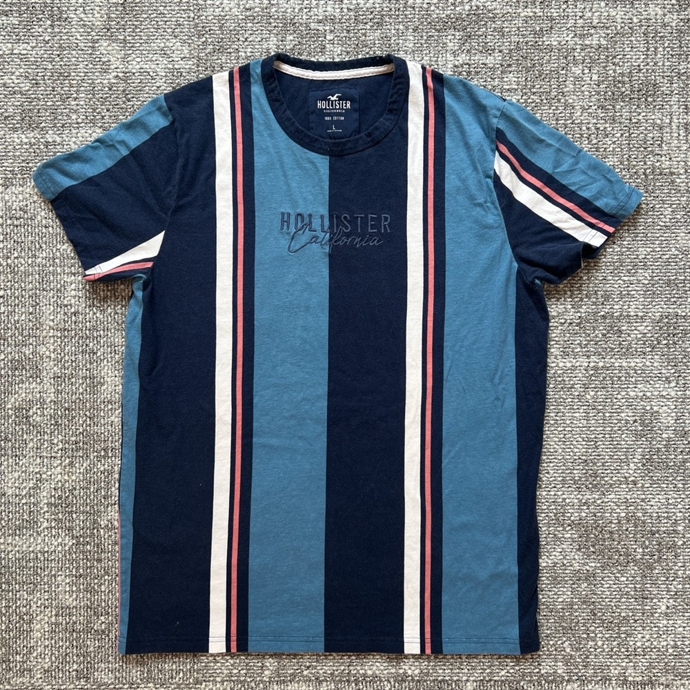 Hollister Striped Crew Tee in Navy, Light Blue and Pink Trim